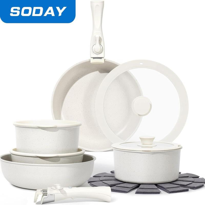 SODAY 15Pcs Pots and Pans Set Non Stick, Cookware Sets with Detachable Handle, Nonstick RV Kitchen Cooking Set Removable Handles, Oven Safe,Stackable, Frying, Fathersdaygift