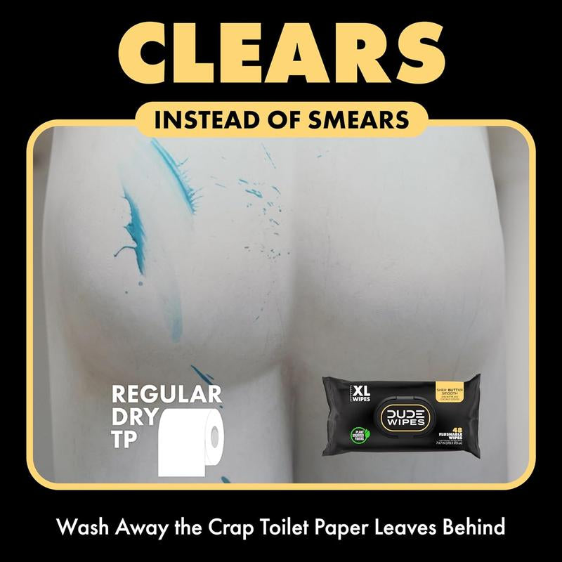 DUDE Wipes - Flushable Wipes - 6 Pack, 288 Wipes - Shea Butter Smooth Extra-Large for Adult - Vitamin-E & Aloe - Septic and Sewer Safe