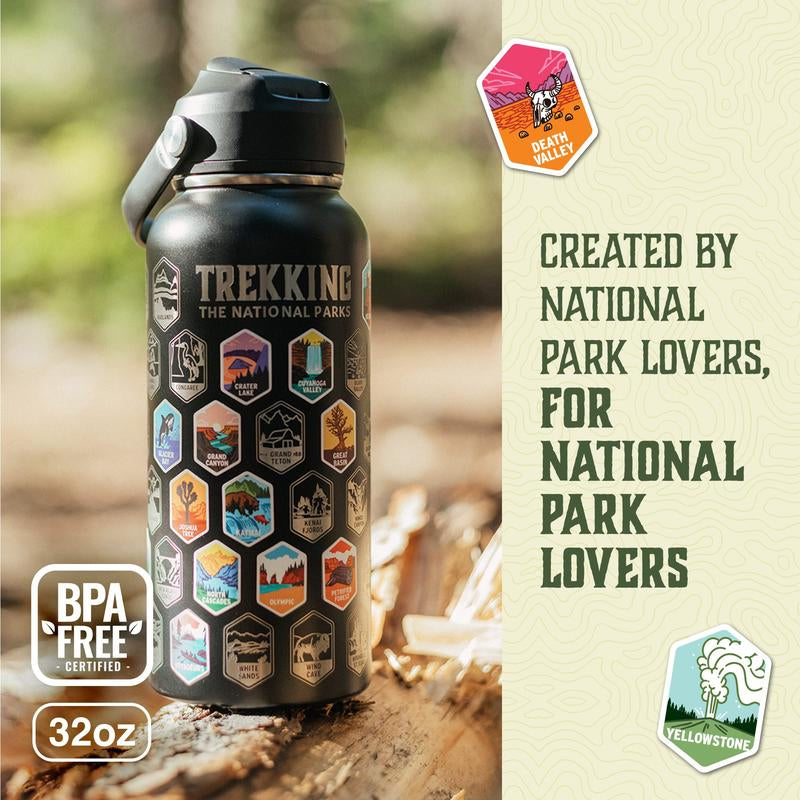 Trekking the National Parks Water Bottle with 3 Lids (Straw, Chug, Spout) & 63 Waterproof Stickers | 32Oz Insulated Leakproof Stainless Steel Tumbler Flask Travel