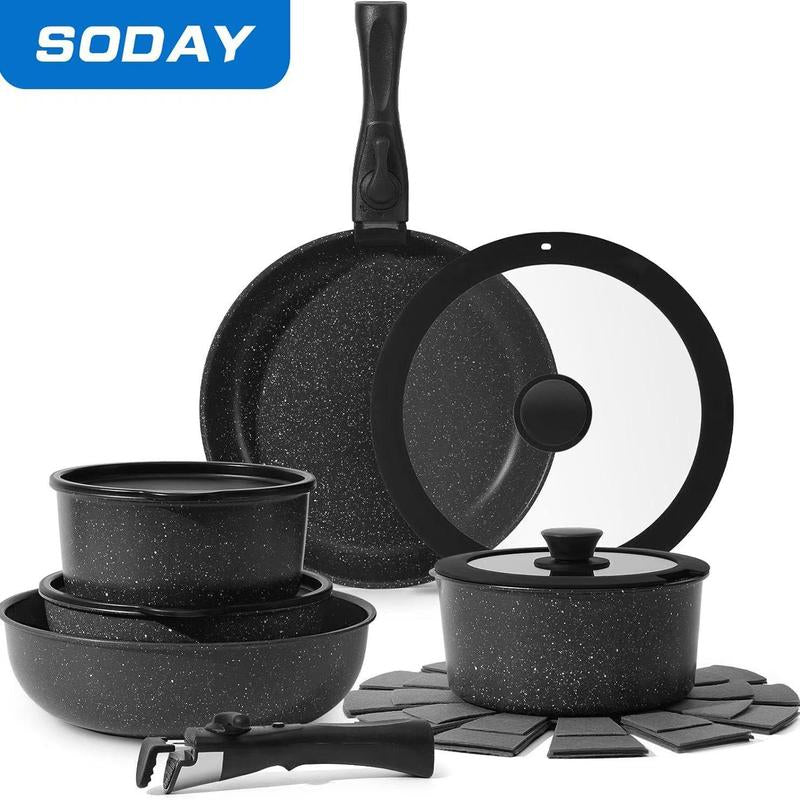 SODAY 15Pcs Pots and Pans Set Non Stick, Cookware Sets with Detachable Handle, Nonstick RV Kitchen Cooking Set Removable Handles, Oven Safe,Stackable, Frying, Fathersdaygift