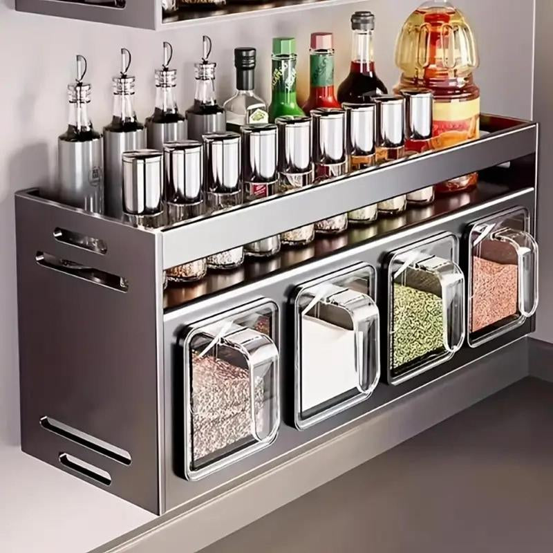Modern Kitchen Storage Rack, Wall Mounted Spice Rack with Drawer, Durable Aluminum Storage Rack, Seasoning Containers Holder, Multifunctional Spice Rack for Home Kitchen Cooking, Kitchen Gadgets, Organiser
