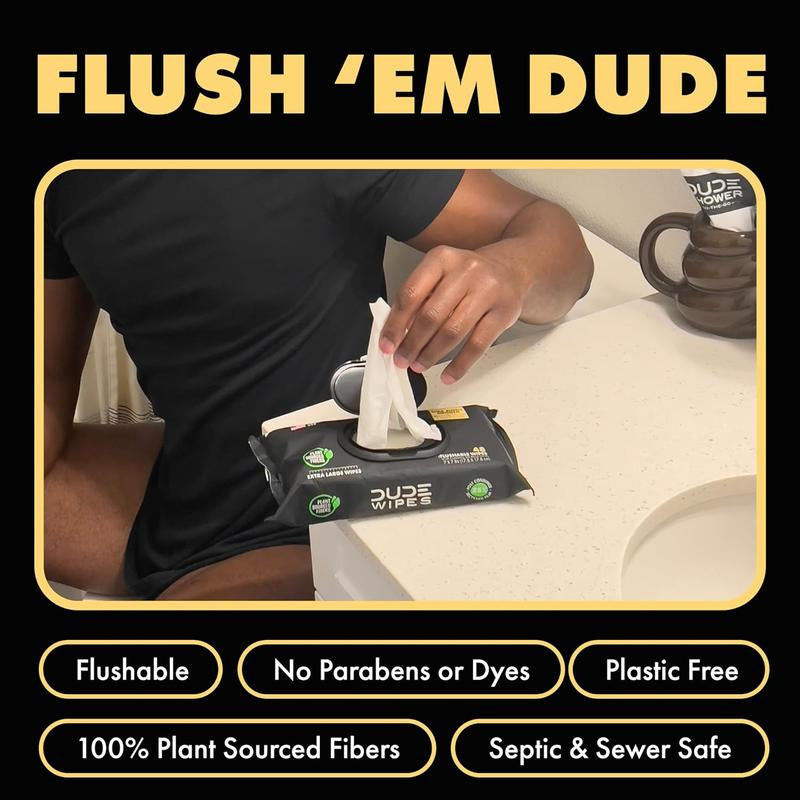 DUDE Wipes - Flushable Wipes - 6 Pack, 288 Wipes - Shea Butter Smooth Extra-Large for Adult - Vitamin-E & Aloe - Septic and Sewer Safe