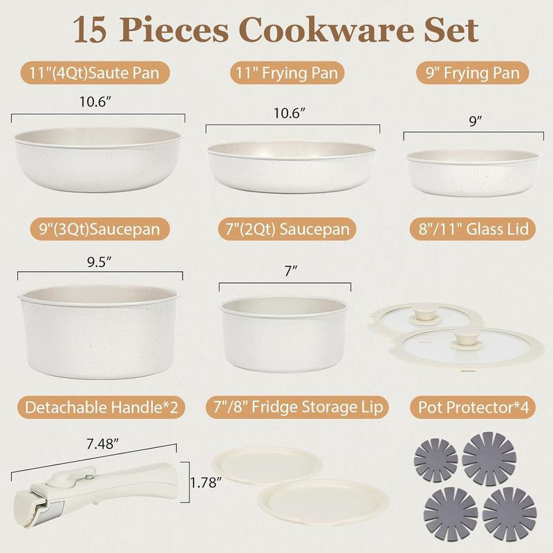 SODAY 15Pcs Pots and Pans Set Non Stick, Cookware Sets with Detachable Handle, Nonstick RV Kitchen Cooking Set Removable Handles, Oven Safe,Stackable, Frying, Fathersdaygift