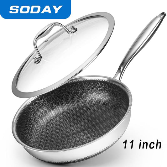 SODAY Hybrid Nonstick 11/12Inches Fry Pan with Tempered Glass Lid, Stay-Cool Handle, Dishwasher and Oven Safe, Induction Ready, Compatible with All Cooktops