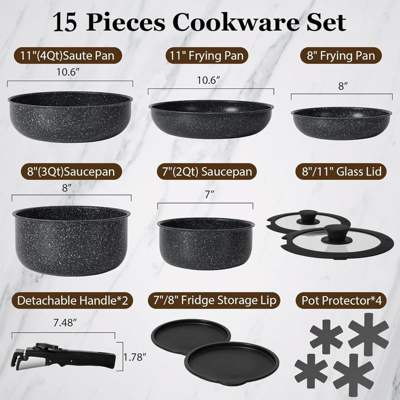 SODAY 15Pcs Pots and Pans Set Non Stick, Cookware Sets with Detachable Handle, Nonstick RV Kitchen Cooking Set Removable Handles, Oven Safe,Stackable, Frying, Fathersdaygift