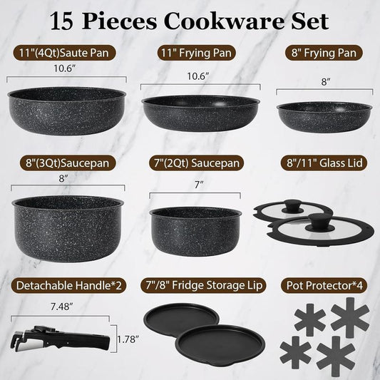 SODAY 15Pcs Pots and Pans Set Non Stick, Cookware Sets with Detachable Handle, Nonstick RV Kitchen Cooking Set Removable Handles, Oven Safe,Stackable, Frying, Fathersdaygift