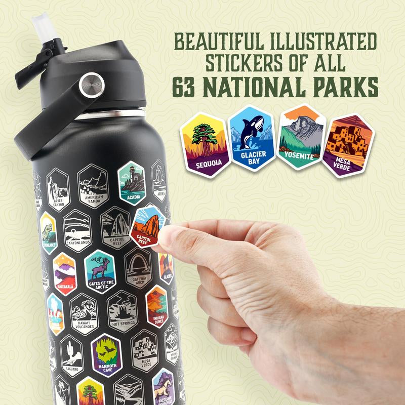 Trekking the National Parks Water Bottle with 3 Lids (Straw, Chug, Spout) & 63 Waterproof Stickers | 32Oz Insulated Leakproof Stainless Steel Tumbler Flask Travel