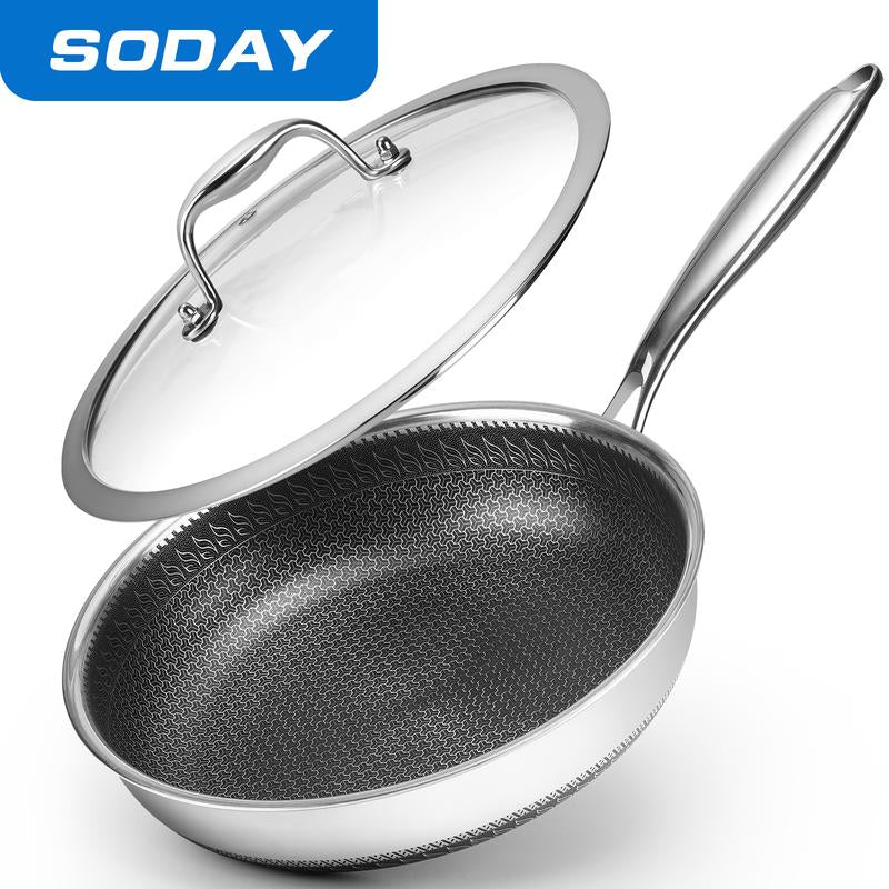 SODAY Hybrid Nonstick 11/12Inches Fry Pan with Tempered Glass Lid, Stay-Cool Handle, Dishwasher and Oven Safe, Induction Ready, Compatible with All Cooktops
