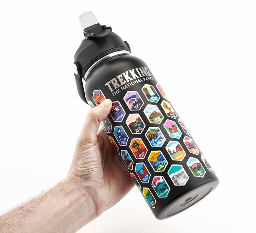 Trekking the National Parks Water Bottle with 3 Lids (Straw, Chug, Spout) & 63 Waterproof Stickers | 32Oz Insulated Leakproof Stainless Steel Tumbler Flask Travel