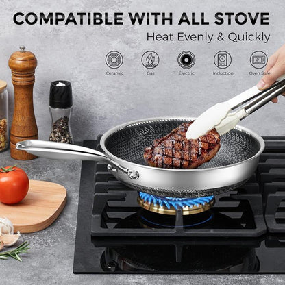 SODAY Hybrid Nonstick 11/12Inches Fry Pan with Tempered Glass Lid, Stay-Cool Handle, Dishwasher and Oven Safe, Induction Ready, Compatible with All Cooktops