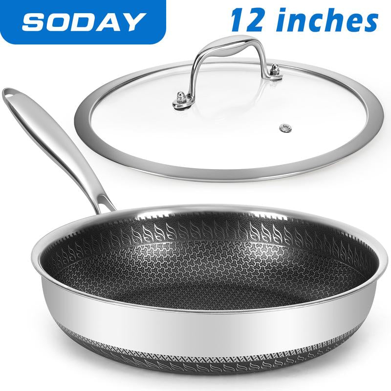 SODAY Hybrid Nonstick 11/12Inches Fry Pan with Tempered Glass Lid, Stay-Cool Handle, Dishwasher and Oven Safe, Induction Ready, Compatible with All Cooktops