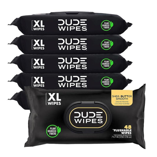 DUDE Wipes - Flushable Wipes - 6 Pack, 288 Wipes - Shea Butter Smooth Extra-Large for Adult - Vitamin-E & Aloe - Septic and Sewer Safe