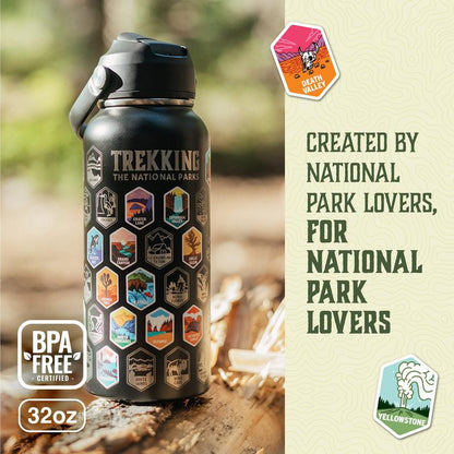 Trekking the National Parks Water Bottle with 3 Lids (Straw, Chug, Spout) & 63 Waterproof Stickers | 32Oz Insulated Leakproof Stainless Steel Tumbler Flask Travel