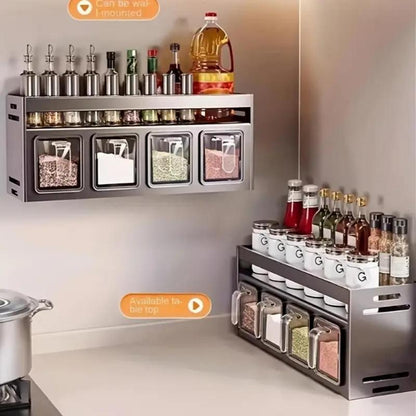 Modern Kitchen Storage Rack, Wall Mounted Spice Rack with Drawer, Durable Aluminum Storage Rack, Seasoning Containers Holder, Multifunctional Spice Rack for Home Kitchen Cooking, Kitchen Gadgets, Organiser