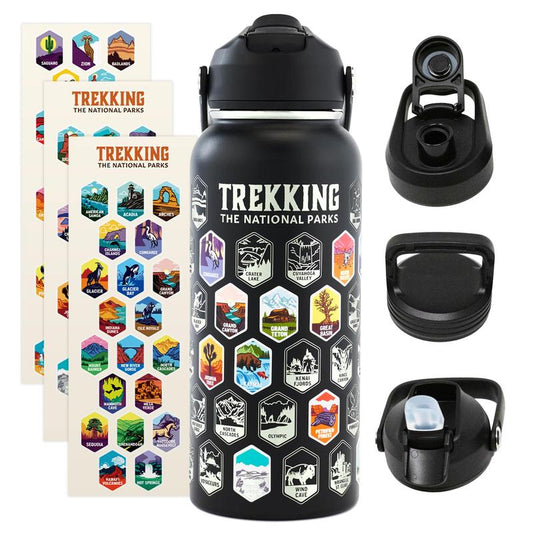 Trekking the National Parks Water Bottle with 3 Lids (Straw, Chug, Spout) & 63 Waterproof Stickers | 32Oz Insulated Leakproof Stainless Steel Tumbler Flask Travel