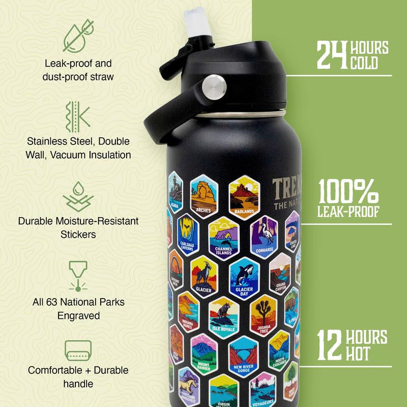 Trekking the National Parks Water Bottle with 3 Lids (Straw, Chug, Spout) & 63 Waterproof Stickers | 32Oz Insulated Leakproof Stainless Steel Tumbler Flask Travel