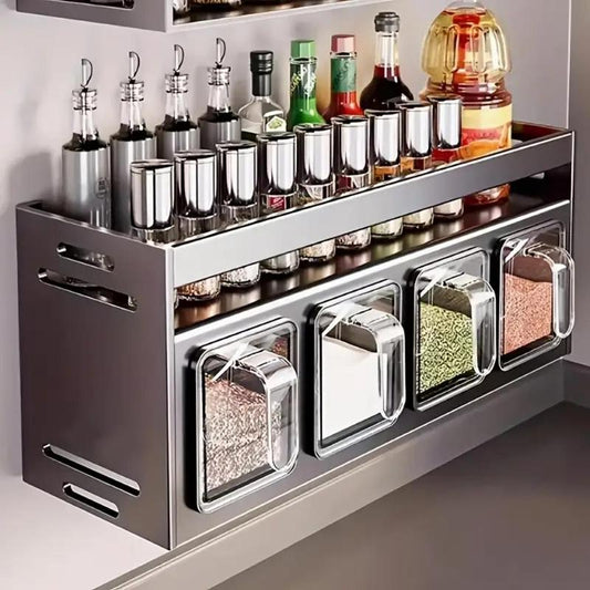 Modern Kitchen Storage Rack, Wall Mounted Spice Rack with Drawer, Durable Aluminum Storage Rack, Seasoning Containers Holder, Multifunctional Spice Rack for Home Kitchen Cooking, Kitchen Gadgets, Organiser