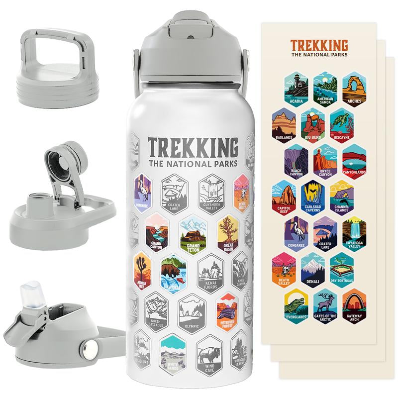 Trekking the National Parks Water Bottle with 3 Lids (Straw, Chug, Spout) & 63 Waterproof Stickers | 32Oz Insulated Leakproof Stainless Steel Tumbler Flask Travel