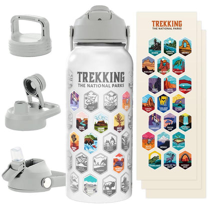 Trekking the National Parks Water Bottle with 3 Lids (Straw, Chug, Spout) & 63 Waterproof Stickers | 32Oz Insulated Leakproof Stainless Steel Tumbler Flask Travel